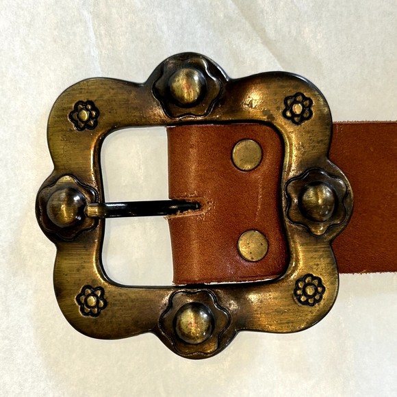 LOVELY DENIM Crow Brown Leather Belt Brass Buckle‎ Size Small 1.5\